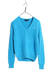 ラルフローレン Vネック コットン ケーブル ニット セーター レディース L / 古着 ポロ スポーツ 長袖ニット ワンポイント きれいめ ブルー