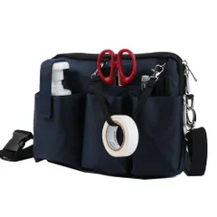 [CARRY ALL BEFORE ONE] 多機能ウエストポーチ ナースポーチ ウエストバッグ マチ付き 横長タイプ ダブルジッパー 11ポケット ペン差し付き 工具 文具 小物入れ 業務用 作業用 看護 介護 カラビナ ショルダ [マチ付き M ネイビー]