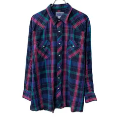 AMERICAN HERO 長袖 ウエスタンシャツ 2XL ネイビー マルチカラー スナップボタン チェック柄 胸ポケット 襟芯 長袖シャツ 春物 a804-5354