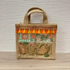 刺繍ジュート ミニバッグ ハンドメイド １点物 78-1