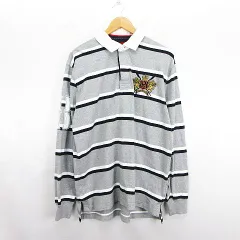 トミーヒルフィガー TOMMY HILFIGER ポロシャツ ラガーシャツ 長袖 ボーダー ロゴ コットン L グレー×ブラック×ホワイト ※EKM