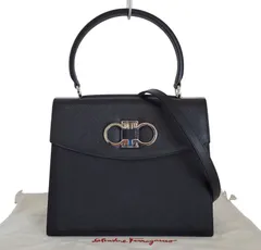 D3469◆未使用【フェラガモ Ferragamo】ダブルガンチーニ 2wayハンドバッグ EO-21 4829◆ペブルカーフレザー ショルダー付 黒