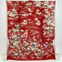 たんす屋 リユース着物 （中古） 振袖 赤 フォーマル 花車 四季草花 吉祥文様 刺繍 袷 絹 【身丈】165cm【裄丈】66.5cm 洗い済 7650004213109のサムネイル