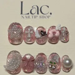 【オープンセール中全品1000円！！】【現品限り】サイズ14348 韓国風 ちゅるんピンク ネイルチップ リボン パール 大人可愛い