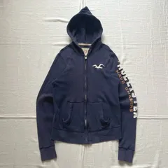 00s　archive　HOLLISTER　Abercrombie&Fitch　フルジップアップパーカー　サーマル生地　カモメ刺繍　袖デカロゴワッペン　ビッグフード　フェードネイビー　M　Y2K　平成レトロ　big logo thermal zip parka