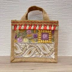刺繍ジュート ミニバッグ ハンドメイド １点物 78-6