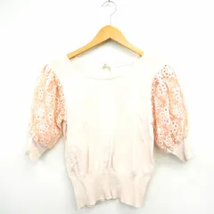 アースミュージック&エコロジー EARTH MUSIC & ECOLOGY ニット セーター リブ レース 透け感 丸首 七分袖 コットン 綿 S ピンク /MT14