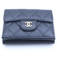 CHANEL (シャネル) マトラッセ ココマーク キャビアスキン レザーコンパクトウォレット 三つ折り財布 GD金具 ブラック