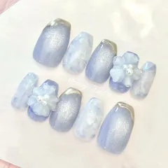 No.120オーダー♡ニュアンス3Dフラワージェルネイルチップ マーブル大理石ミラーフレンチ量産型ワンホン韓国フレンチガーリースナ系パールお花マグネット