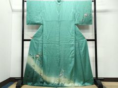 超美品 正絹 袷 訪問着 着物 158.5裄68 水色 青緑 ターコイズ 刺繍