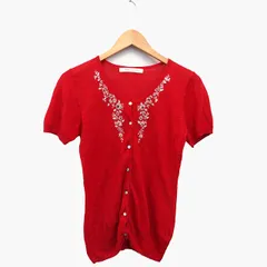 レイカズン Ray cassin ニット カーディガン Vネック 半袖 麻混 綿混 刺繍 ビーズ装飾 花 柄 リブ 薄手 レッド 赤 /HT31
