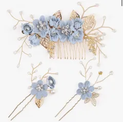 髪飾り ヘアアクセサリー 大人 和装 かんざし ヘッドドレス 3点セット パール 花 ヘアピン 着物 浴衣 発表会 成人式 卒業式 結婚式 ウェディング 和風 小物 ライトブルー