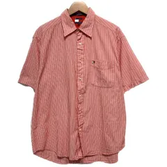 【中古】　TOMMY HILFIGER　ストライプシャツ　80’s-90s vintage　90年代　半袖シャツ　総柄　パッチポケット　刺しゅうロゴ　フラッグタグ　古着　/1123