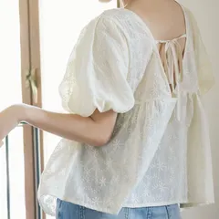 神戸レタス フラワーレースバックリボンブラウス ぽわん袖 小花柄 オフホワイト
