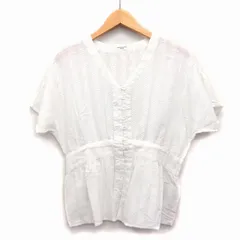 フリークスストア FREAKS STORE ノーカラー ブラウス カットソー 総柄 透け感 五分袖 Vネック ペプラム コットン 綿 FREE ホワイト 白 /HT35