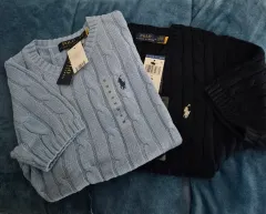 ポロ ラルフローレン ケーブル 半袖ニット Mサイズ ブルー/ネイビー