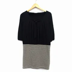 N.Natural Beauty Basic N.ナチュラルビューティーベーシック ワンピース 膝上 ミニ 丸首 七分袖 切替 無地 ボーダー 柄 リボン タック M ブラック 黒 ライトベージュ /HT24