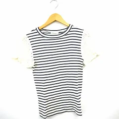 アースミュージック&エコロジー EARTH MUSIC & ECOLOGY Tシャツ カットソー ボーダー レース 丸首 半袖 コットン 綿 M アイボリー ネイビー 紺 /MT36