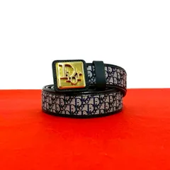 極 美品 Christian Dior ディオール ヴィンテージ トロッター 柄 ロゴ バックル ナイロン レザー 本革 ベルト ネイビー 紺 81931