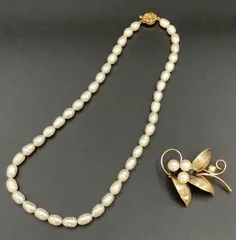 淡水パールネックレス　フェイクパールブローチ　2点セット　ゴールドカラー　金色　まとめ売り