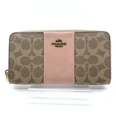 COACH　コーチ ラウンドファスナー長財布　シグネチャー　ベージュ×ピンク　ロゴ