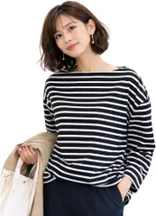 グリーンパキラ ボーダー 長袖 レディース Tシャツ オーバーサイズ ゆったり 体型カバー カットソー ロンT シンプル おしゃれ 春 秋 トップス 春服 秋服 オフィスカジュアル 綿 (黒x白ボーダー,  M)