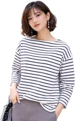 グリーンパキラ ボーダー 長袖 レディース Tシャツ オーバーサイズ ゆったり 体型カバー カットソー ロンT シンプル おしゃれ 春 秋 トップス 春服 秋服 オフィスカジュアル 綿 (白x黒ボーダー,  L)