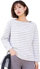 グリーンパキラ ボーダー 長袖 レディース Tシャツ オーバーサイズ ゆったり 体型カバー カットソー ロンT シンプル おしゃれ 春 秋 トップス 春服 秋服 オフィスカジュアル 綿 (白xグレーボーダー,  M)