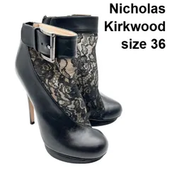 ◆ ニコラスカークウッド Nicholas Kirkwood レース＆レザー アンクルブーティ フラワー バックル 黒 36 約23.0cm レディース 6V415のサムネイル