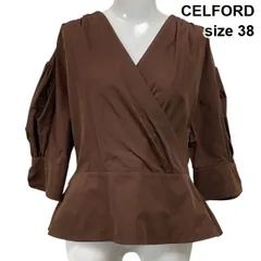 ◇ セルフォード CELFORD カシュクールブラウス Xライン 裾フレア 七分袖 パフスリーブ 光沢 ブラウン 綿 38 M 9号 レディース S6D271