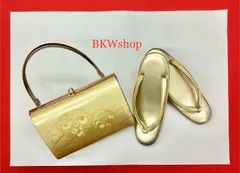 ＜現品限り＞used　草履・バッグセット　Ｌ寸　ゴールド　桔梗・菊模様　結婚式　入学式　卒業式　和小物　お呼ばれ