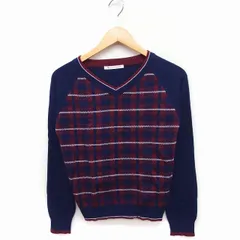 マジェスティックレゴン MAJESTIC LEGON チェック柄 ニット セーター Vネック 長袖 ラグランスリーブ アンゴラ混 M ネイビー 紺 レッド 赤 /FT15