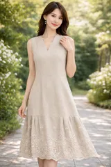 【未使用級】【参考価格129,600円】【クリーニング済】FOXEY BOUTIQUE 37172 / フォクシーブティック ワンピース ドレス ガーデニア  40ナチュラル  カットワーク刺繍