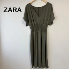 ZARA カーキ Vネック ワンピース ウエストゴム 半袖 美シルエット 大人カジュアル Sサイズ