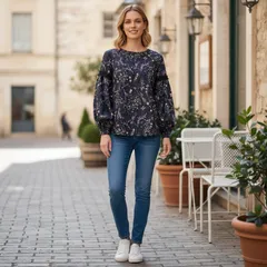 【新作】ネイビー 小花柄 フリル ブラウス M 透け感なし ハンドメイド