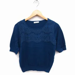 アースミュージック&エコロジー EARTH MUSIC & ECOLOGY レース ニット セーター 丸首 五分袖 無地 M ブルー 青 グリーン 緑 /FT13