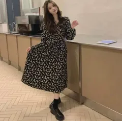 花柄ロングワンピース 春秋 レディース ゆったり シルエット 長袖 フレアワンピース 体型カバー カジュアル おしゃれ デイリー ロング丈