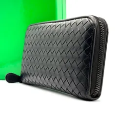 【静寂に編み込まれる品格】　BOTTEGA VENETA　イントレチャート ラウンドファスナー 長財布 8カード バイカラー リカラー品　ブラック