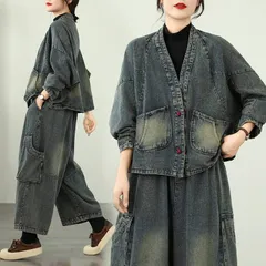【上下セット】デニムジャケット ワイドパンツ セットアップ レディース 春 秋冬 コート 秋 冬 きれいめ ノーカラー デニムコート デニムパンツ ガウチョパンツ 体型カバー 着痩せ カジュアル ゆったり パンツスーツ 20代 30代 40代 1616