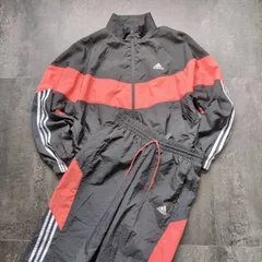 Adidas Tech Style Cropped Nylon Jacket & Pants Set Black Red Men's Size L アディダス テック系 セットアップ 短丈ナイロンジャケット ナイロンパンツ メンズL相当 黒系/コーラル