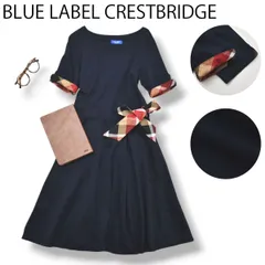 【美品】 ブルーレーベル クレストブリッジ BLUE LABEL CRESTBRIDGE 半袖 Tシャツ ワンピース カットソー リボン デザイン 膝下丈 36 ネイビー x チェック レディース ♪