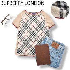 バーバリー ロンドン ブルーレーベル BURBERRY LONDON BLUE LABEL 半袖 コットン セーター サマー ニット ラグランスリーブ M ノバチェック柄 ベージュ レディース ♪