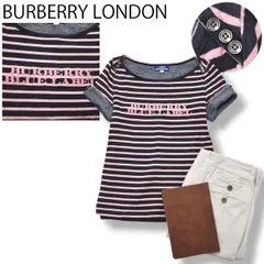 バーバリー ロンドン ブルーレーベル BURBERRY LONDON BLUE LABEL ロゴ 刺繍 ボートネック Tシャツ 折り返し袖 デザイン 38 ボーダー ピンクxブラック レディース ♪