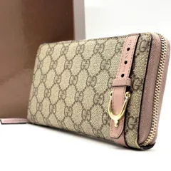 【静かに主張する伝統】　GUCCI　ラウンドファスナー 長財布 GGスプリーム ホースビット ベルトデザイン　ピンク ベージュ