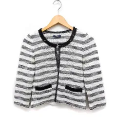 ロペ ROPE ノーカラー ジャケット アウター 七分袖 ボーダー スパンコール装飾 ツイード M ホワイト 白 ブラック 黒 /FT49