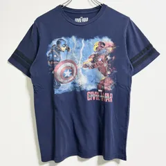 古着　MARVEL マーベル　シビルウォー　半袖アメコミプリントTシャツ　アイアンマン　キャプテンアメリカ　ネイビー　紺