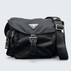 PRADA 美品 プラダ ポコノ トライングルロゴ サイドポケット ショルダーバッグ BT0501 テスート ナイロン レザー ブラック 三角プレート ロゴプレート クロスボディ メッセンジャーバッグ ABランク 鑑定済 中古 プラダバッグ