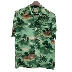 ヴィンテージ vintage 60's 日本製 日本製 ALOHA SHIRTS ハンドスクリーン レーヨン アロハシャツ 半袖シャツ グリーン Mサイズ 201MT-5722 VB