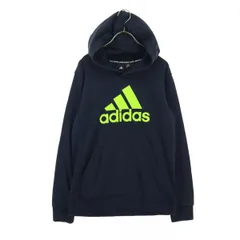 adidas アディダス プリントロゴ 長袖 スウェットパーカー 160 ネイビー キッズ 古着