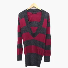 メイソングレイ MAYSON GREY ニット ワンピース 膝丈 ボーダー 柄 長袖 Vネック 切替リブ ウール混 アルパカ混 2 レッドパープル 赤紫 チャコール 灰 /HT27